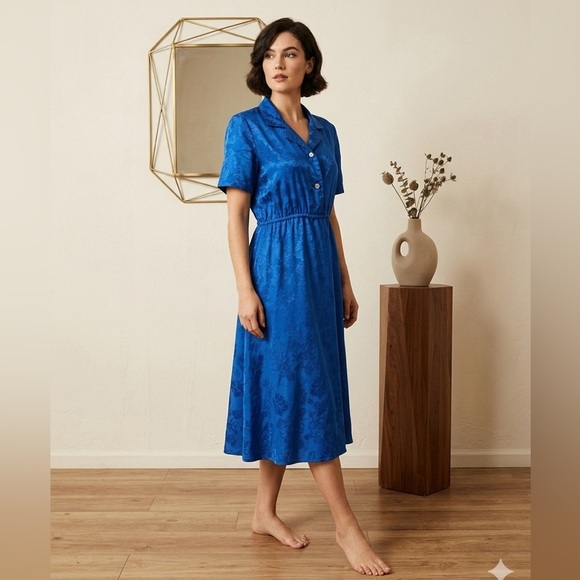 Vintage Dresses & Skirts - Vintage 80s Royal Blue Floral Jacquard Midi Dress Short Sleeve Retro Minimalist